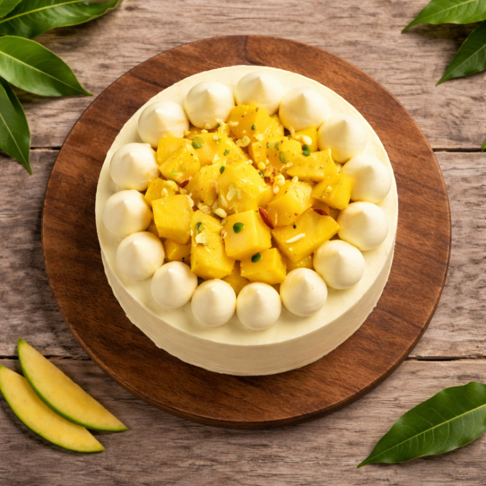 A round mango cream cake topped with fresh mango chunks and white frosting peaks, displayed on a rustic wooden board with mango slices and green leaves in a garden setting.