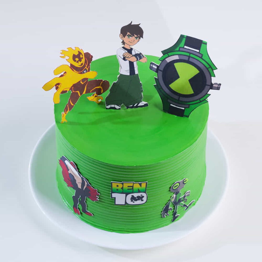 Green textured Ben 10 birthday cake featuring character toppers, the Omnitrix symbol, and alien graphics. top view