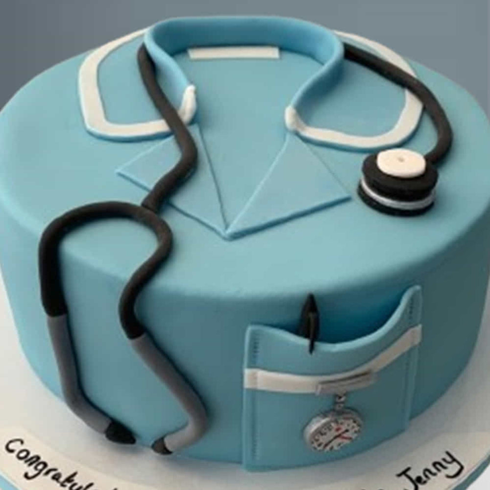 Doctor theme designer cake with stethoscope, medical coat design, and pocket details, perfect for medical graduation or healthcare celebration.