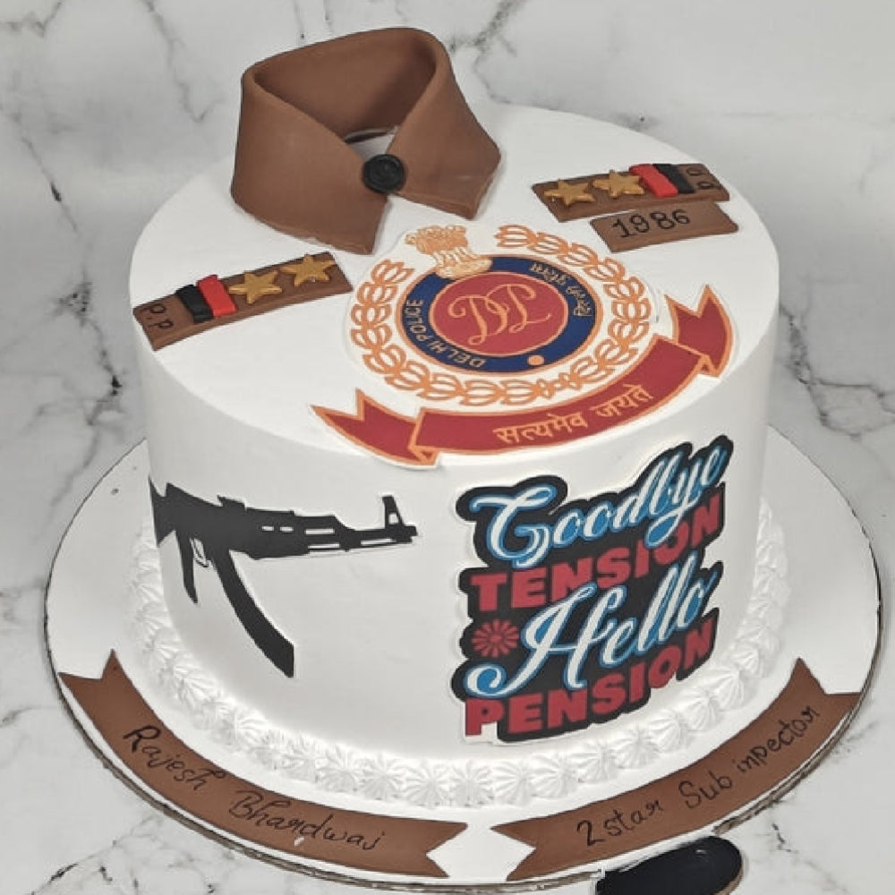 Police retirement cake with Delhi Police logo and farewell message. side angle view