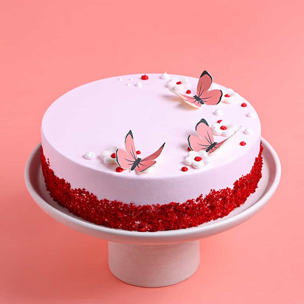 Butterfly N Flowers Red Velvet Cake