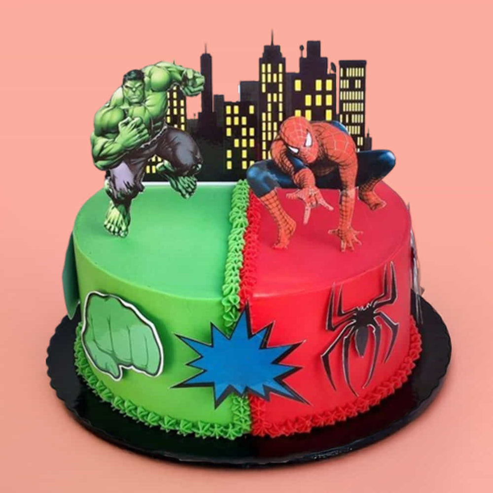 Cake with superhero figures and designs on a pink background