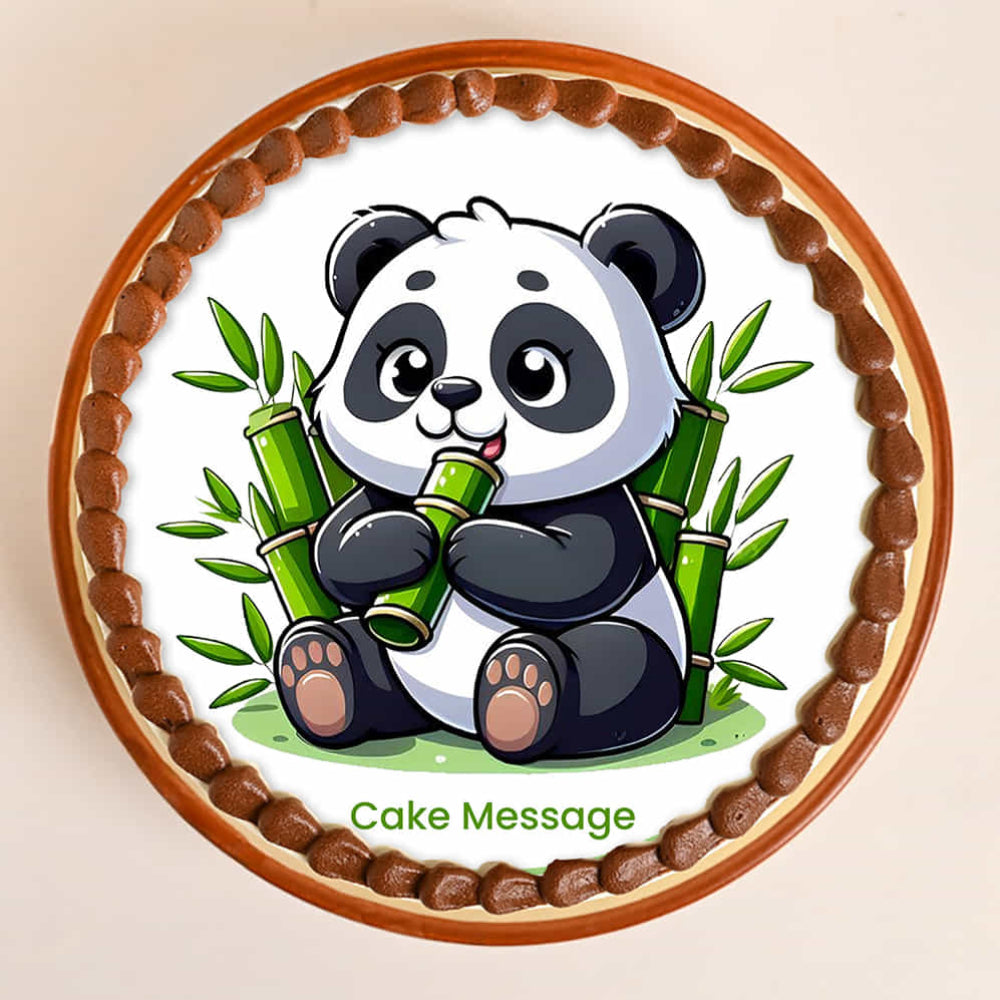 A round white cake topped with an edible image of a cute cartoon panda eating bamboo, finished with a chocolate-colored piped frosting border. Top view
