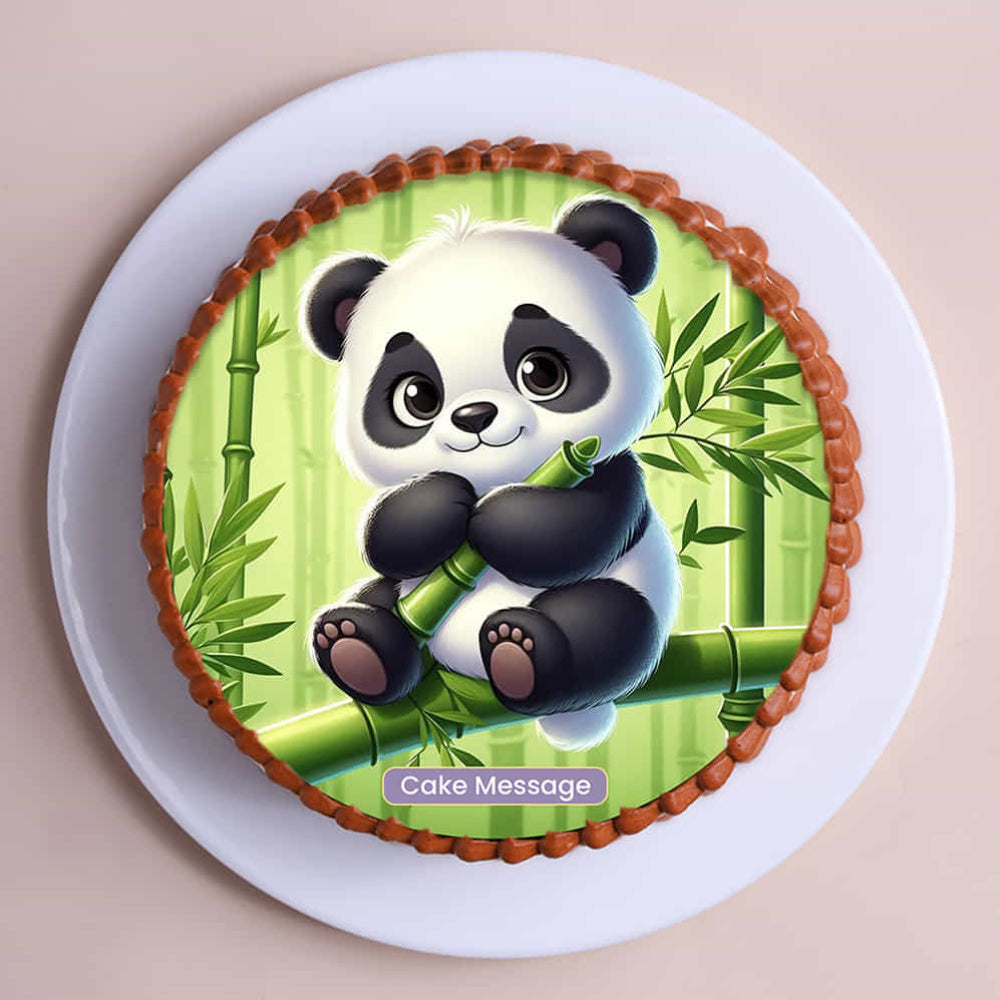 White round birthday cake with a cute cartoon panda holding bamboo edible print and brown cream borders, top view.