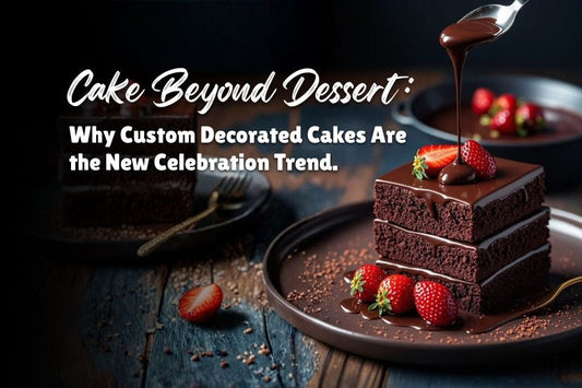 Custom decorated chocolate cake with glossy ganache drizzle, layered slices, and fresh strawberries on a dark wooden table, styled as a premium celebration dessert banner.