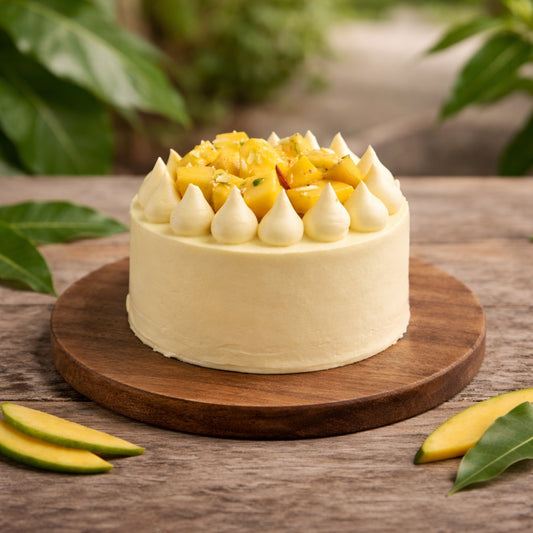 A round mango cream cake topped with fresh mango chunks and white frosting peaks, displayed on a rustic wooden board with mango slices and green leaves in a garden setting.