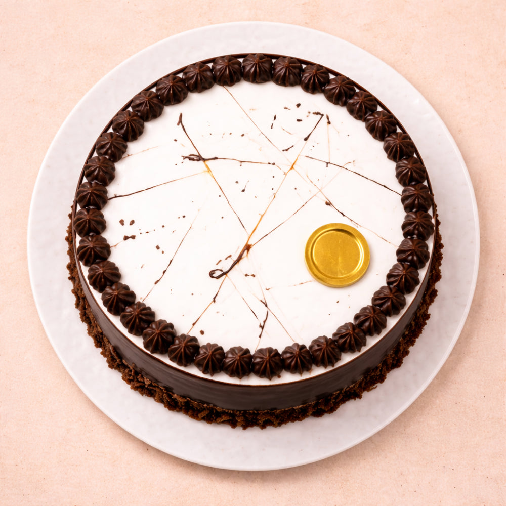 A round chocolate truffle cake with a smooth white glaze top, dark chocolate piped borders, and a gold chocolate coin accent, displayed with a Cakeinzy brand box. Top view