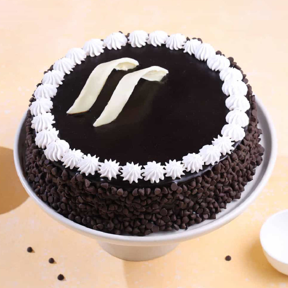 A decadent chocolate cake covered in dark chocolate chips, topped with smooth chocolate ganache, white chocolate curls, and a decorative border of whipped cream frosting on a white cake stand.