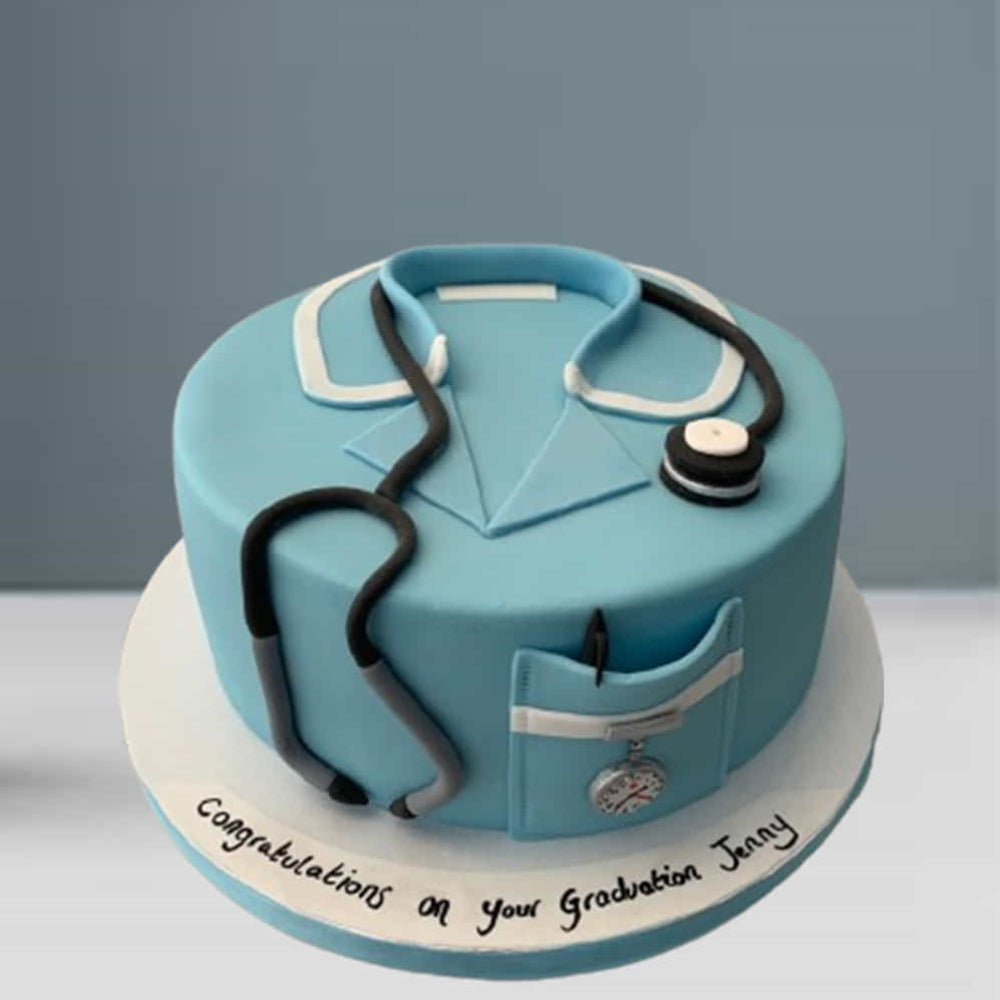 Doctor theme designer cake with stethoscope, medical coat design, and pocket details, perfect for medical graduation or healthcare celebration.
