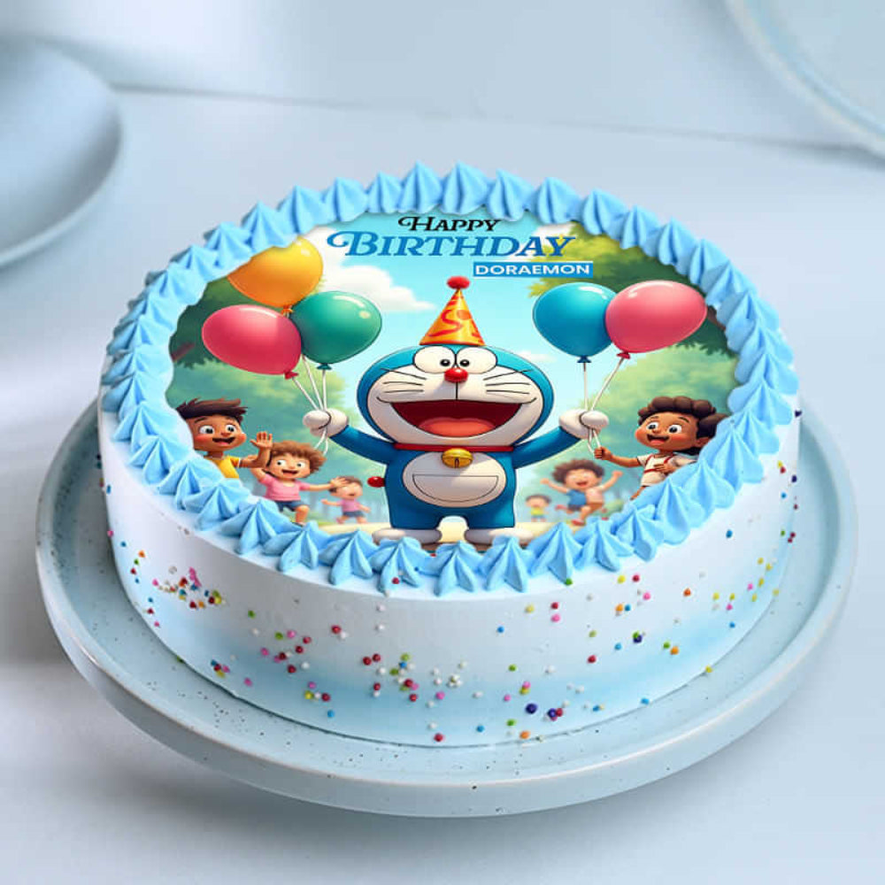 Birthday cake with Doraemon and friends design on a white plate