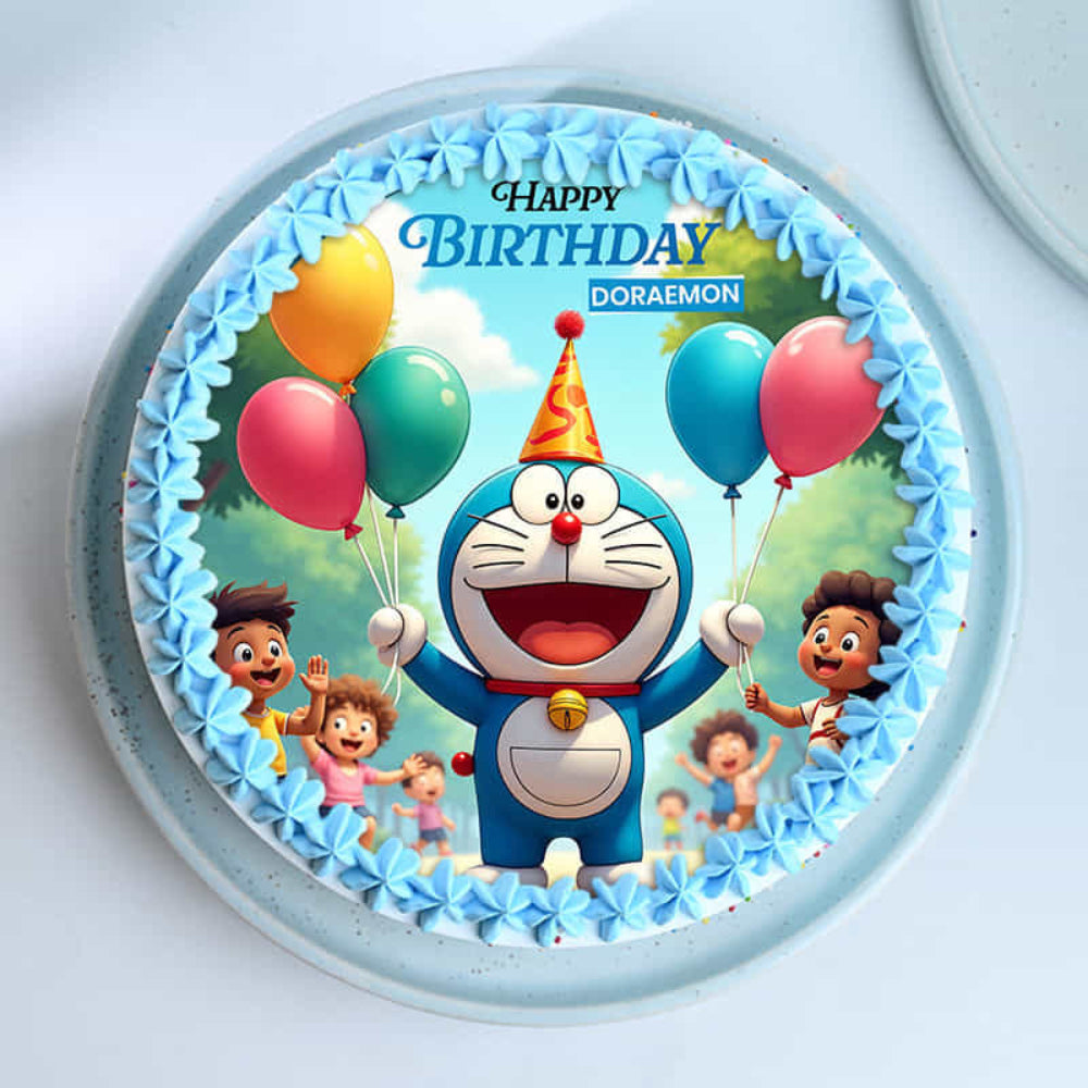 Doraemon birthday cake with colorful balloons and children on a white background
