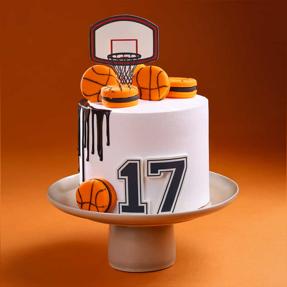 Cake with basketball theme on an orange background