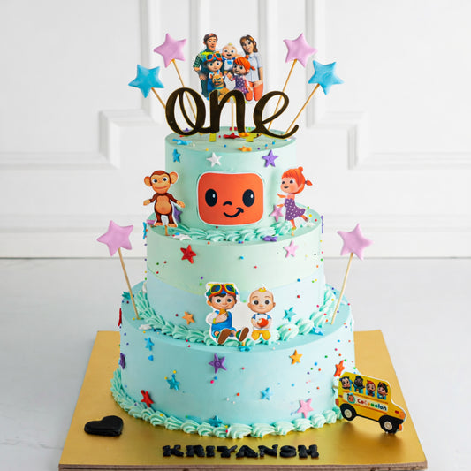 Three Tier Cocomelon Theme Cake