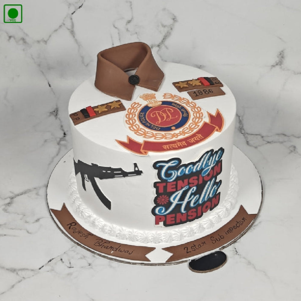 Police retirement cake with Delhi Police logo and farewell message