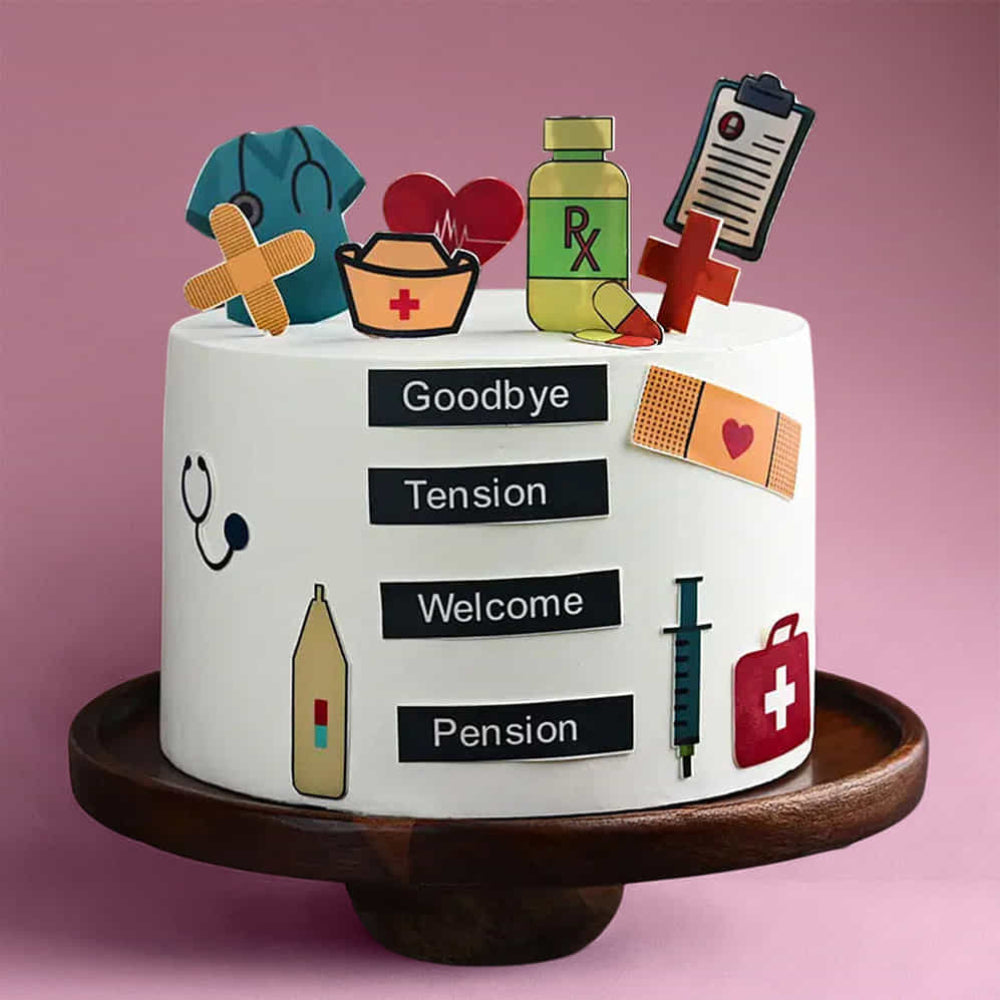 Doctor theme retirement cake with medical icons and “Goodbye Tension Welcome Pension” message. side view