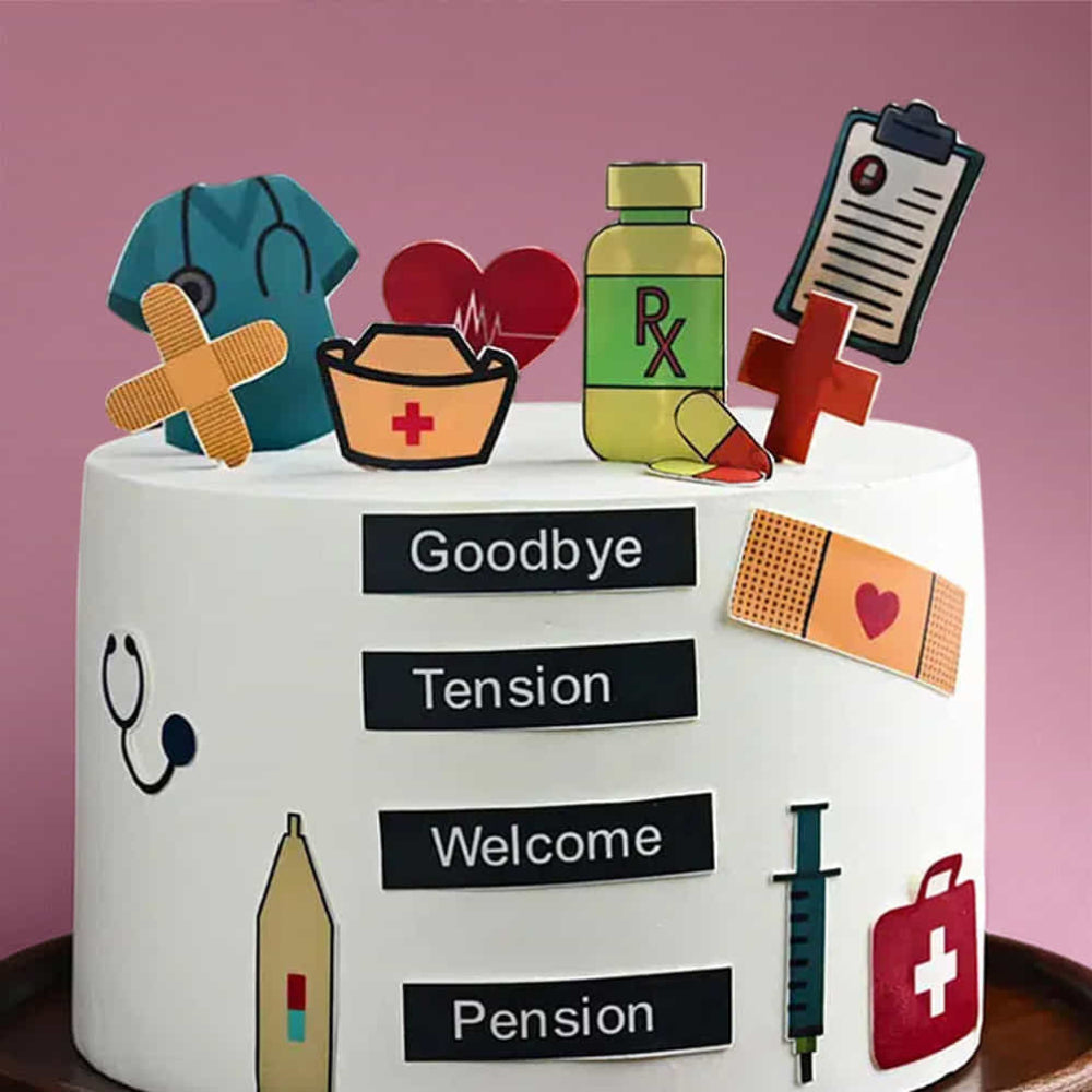 Doctor theme retirement cake with medical icons and “Goodbye Tension Welcome Pension” message