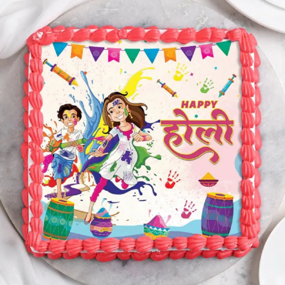 Square Holi festival cake with colorful edible cartoon print and red icing borders. top view