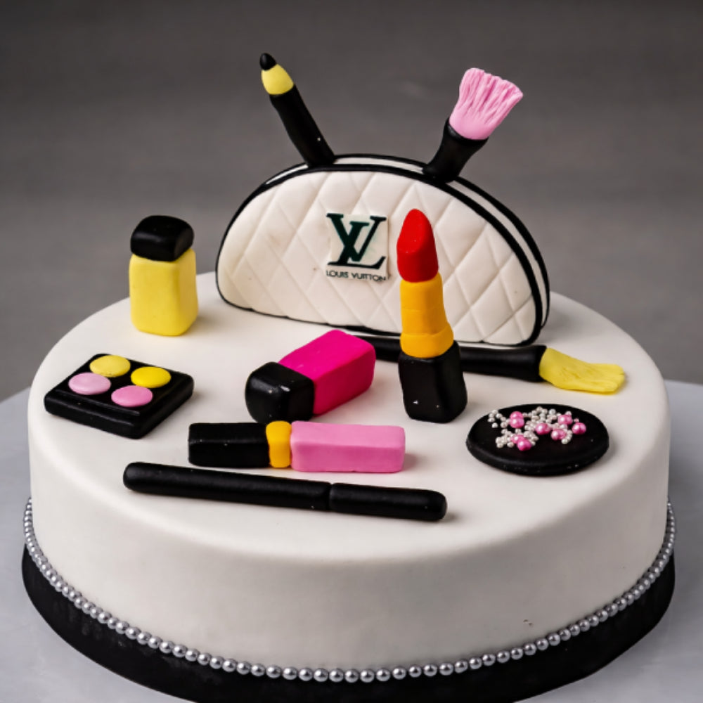 Makeup theme designer cake with cosmetic items and luxury bag design, perfect for girls’ birthday celebrations in Delhi.