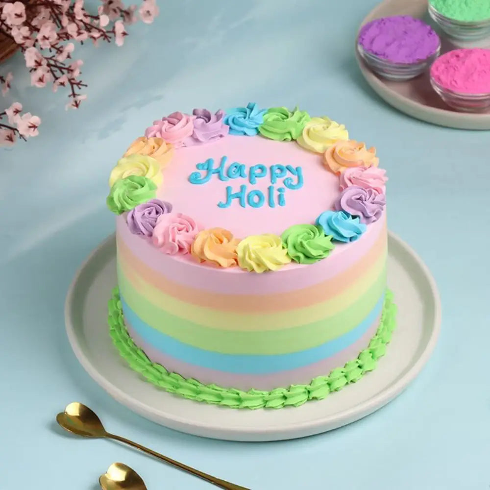 rainbow bliss holi celebration cake. top angle view