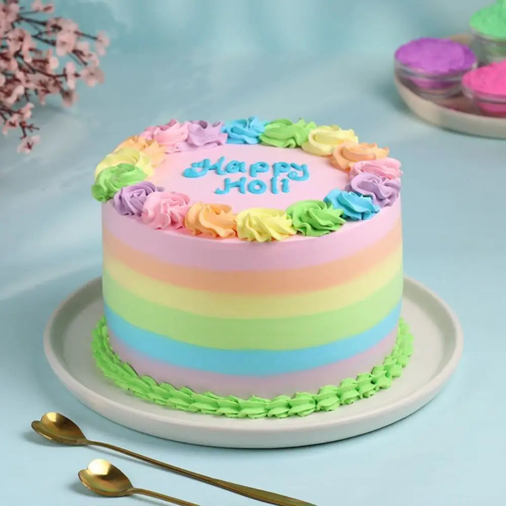 rainbow bliss holi celebration cake. side view