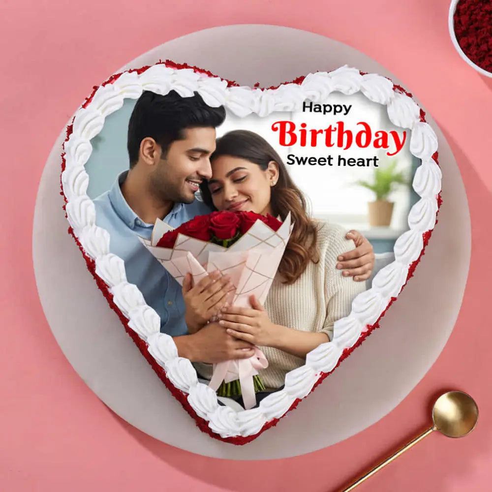 Red Velvet Heart Shape Photo Cake