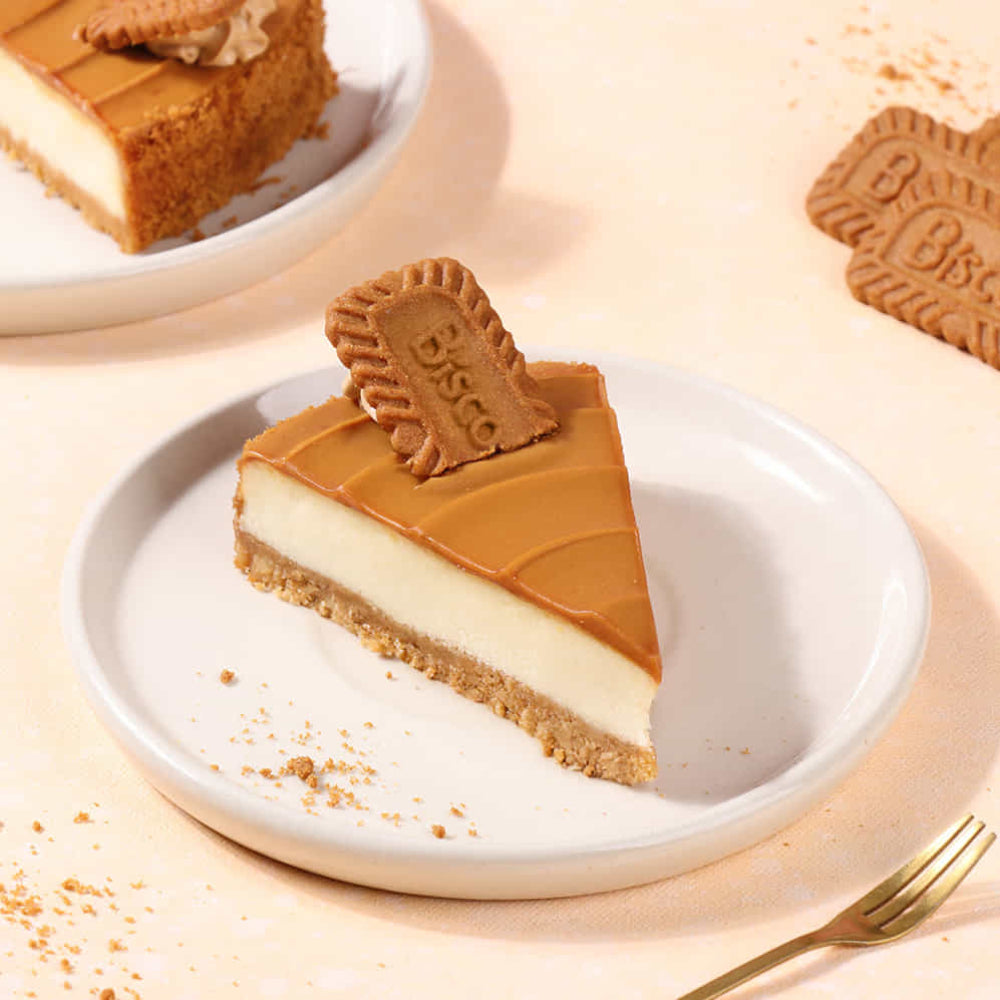 Creamy Biscoff cheesecake slice with a caramel top and Biscoff biscuit on a white plate.