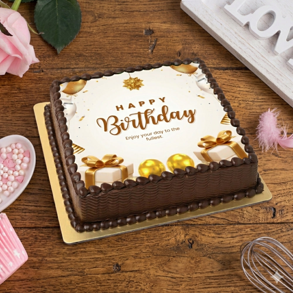 square chocolate cake with happy birthday text