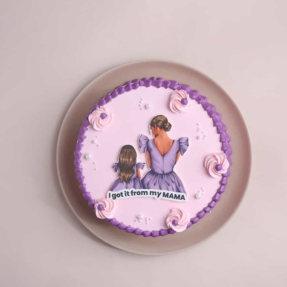 mother’s day cake with mama theme and pink purple design. top view