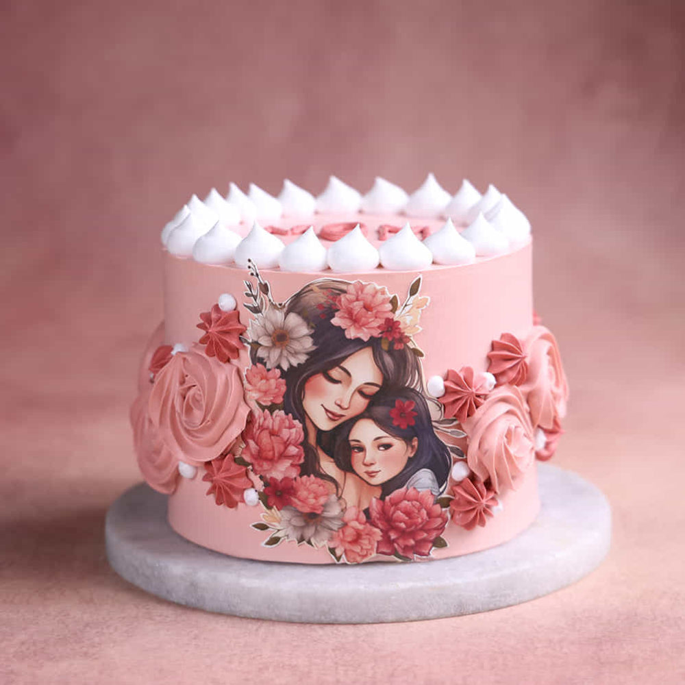 mother’s day cake with mom design and floral decoration. side view